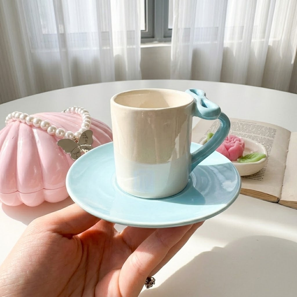 Blue Bow Handle Cup Coffee Size